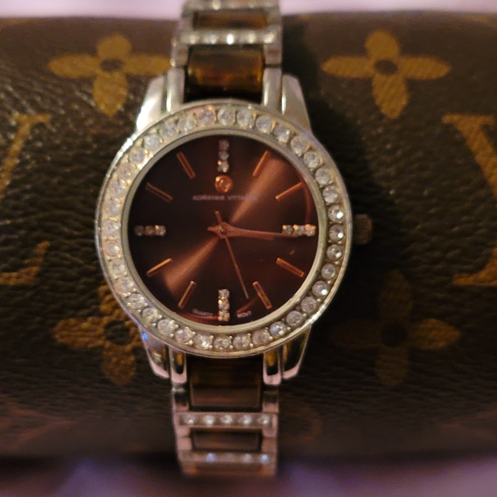 Adrienne Vittadini Couture Faux Tortoiseshell Rose Gold Tone Rhinestone Watch